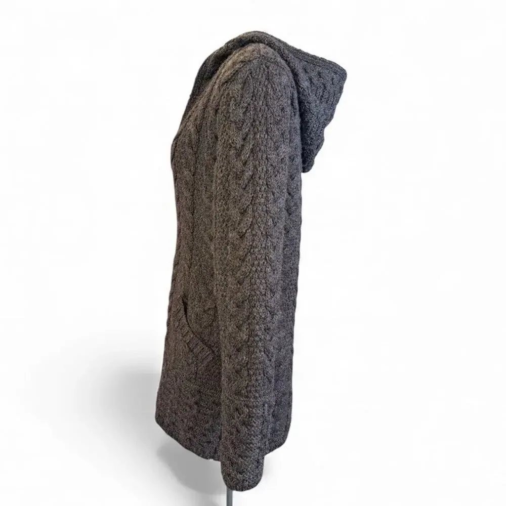 Inis Crafts Irish 100% Merino Wool Full Zip Cardigan Hood Size S Gray Cozy Gift